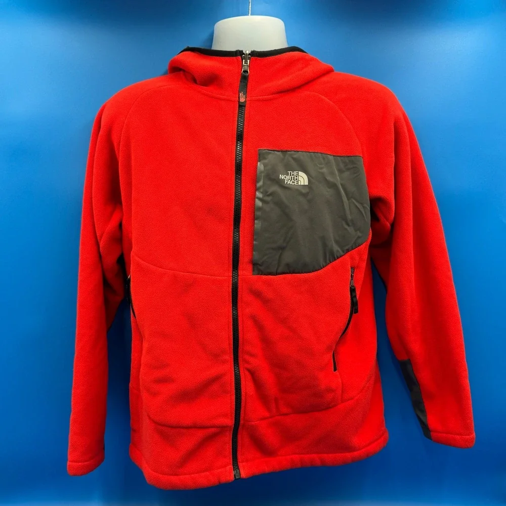 The North Face Orange Fleece Hooded Jacket Boys XL Full Zip Logo‎ Pocket Warm